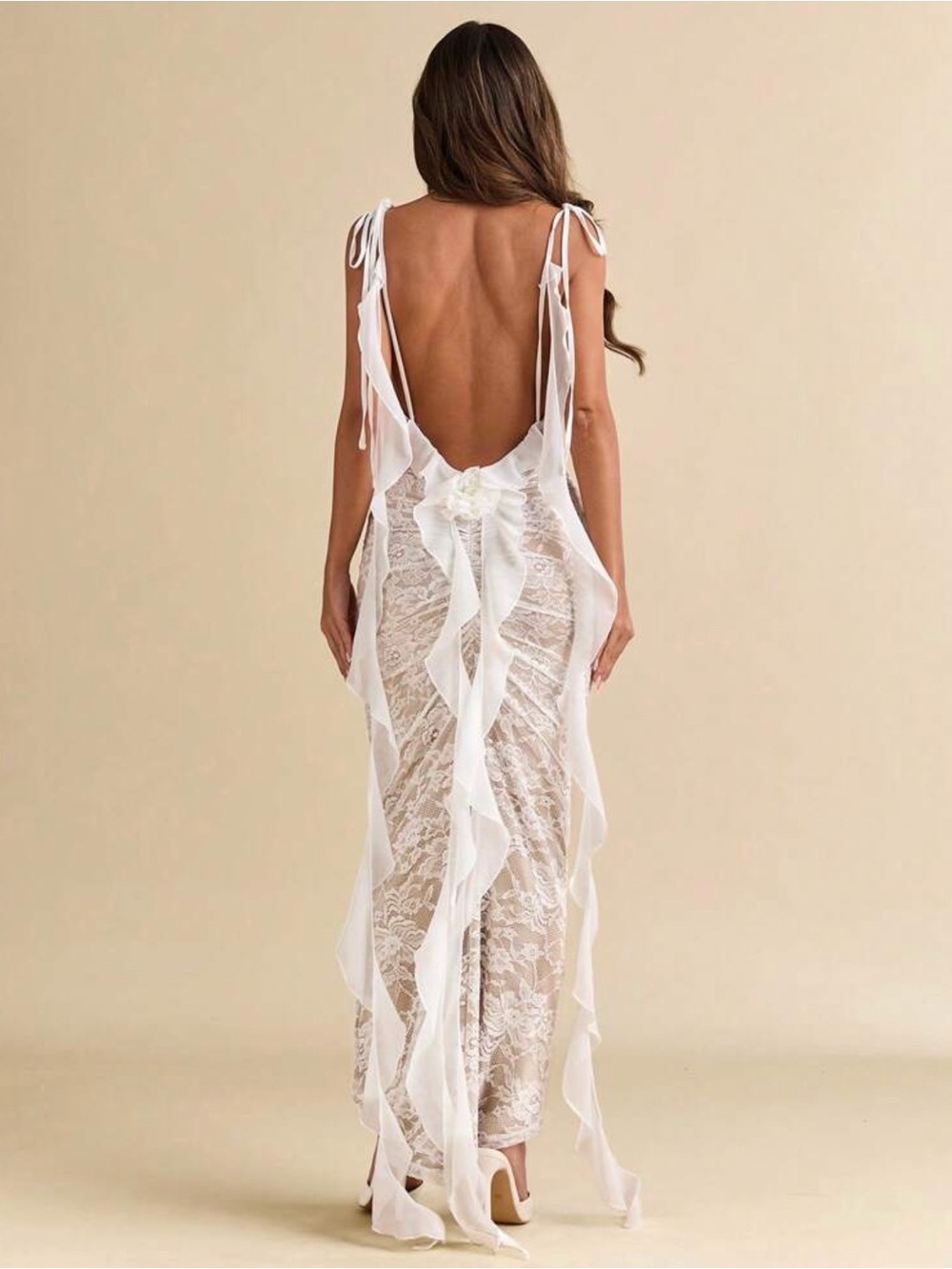 White Lace Open-Back Evening Dress with Ruffle Accents